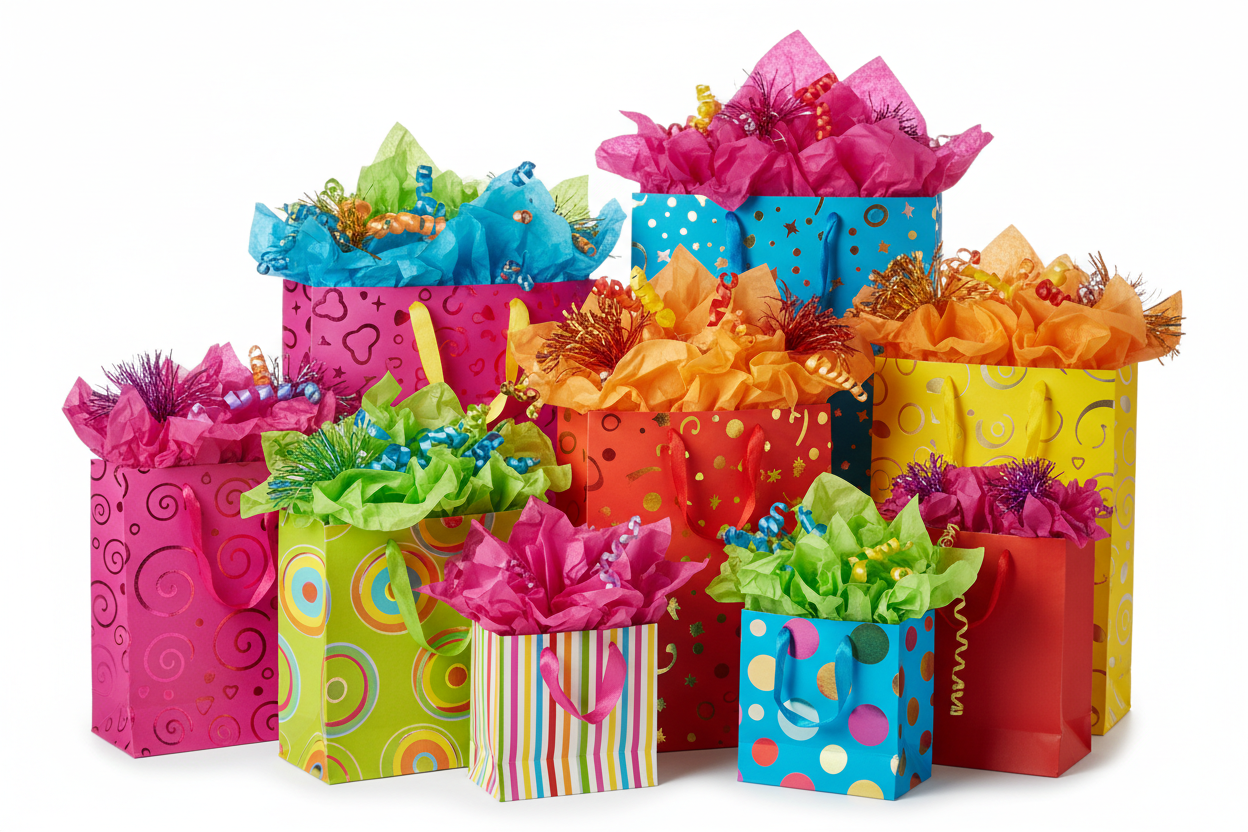 Colorful gift bags with tissue paper and frills