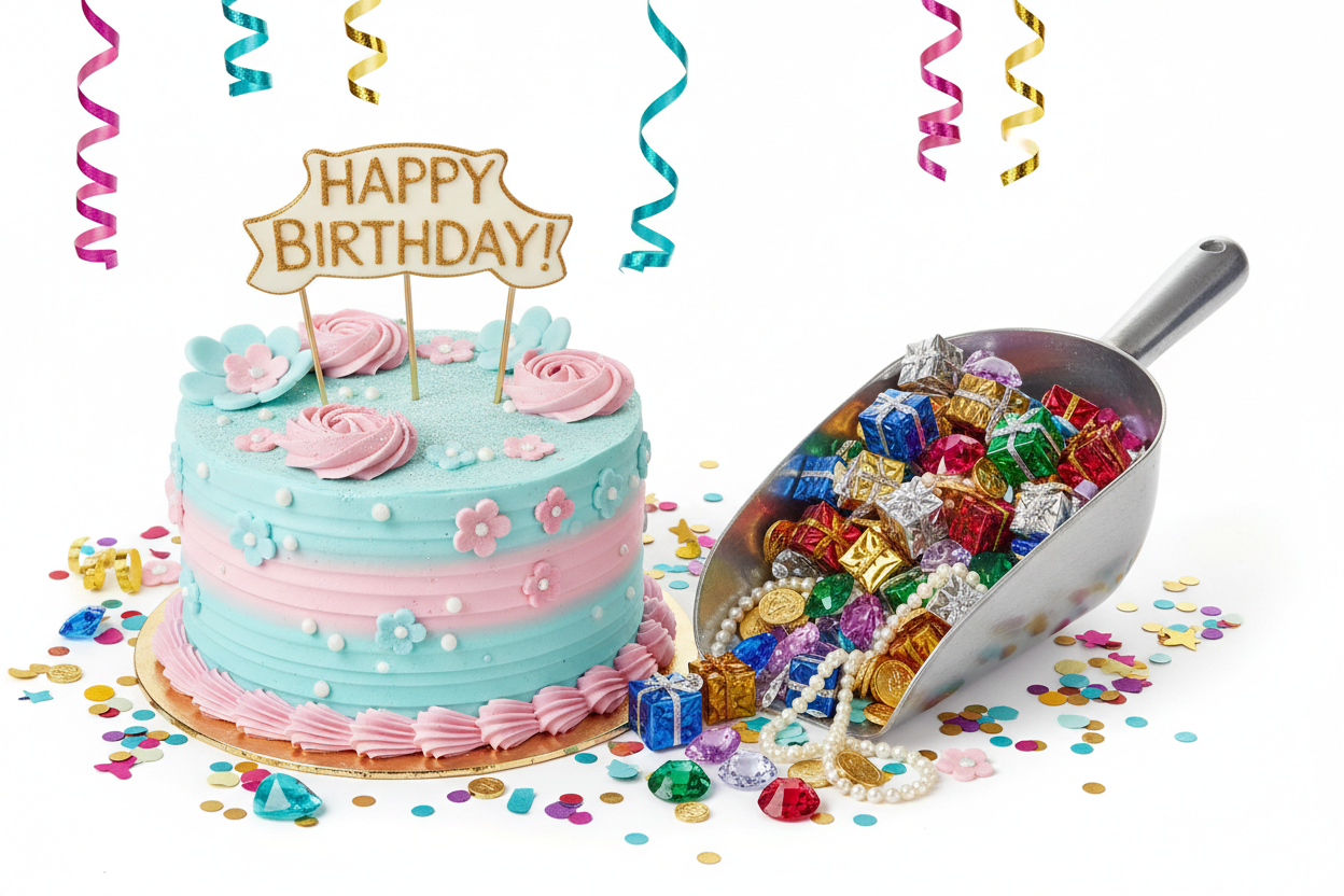 Birthday cake with mystery scoop filled with gifts and jewels